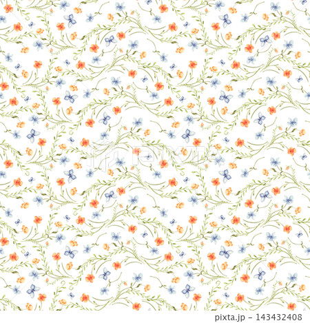 Small flower pattern with watercolor butterflies isolated. Seamless botanical background with bright floral vines hand drawn. Nature design for fabric, textile, wallpaper. Spring floral wavy print. 143432408