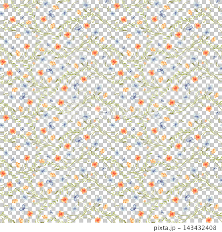 Small flower pattern with watercolor butterflies isolated. Seamless botanical background with bright floral vines hand drawn. Nature design for fabric, textile, wallpaper. Spring floral wavy print. 143432408