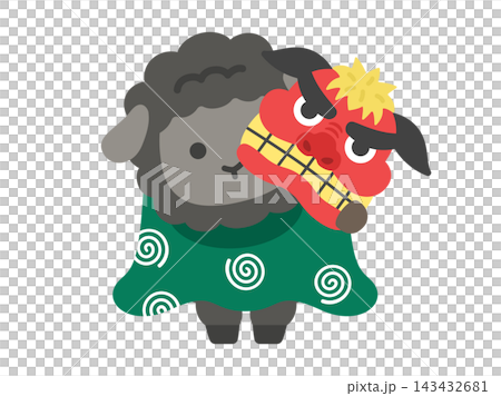 一幅描繪黑羊角色裝扮成舞獅者的插圖。 一幅描繪黑羊角色裝扮成舞獅者的插圖。 143432681