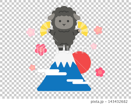 富士山頂上描繪了一隻黑羊的插圖。 富士山頂上描繪了一隻黑羊的插圖。 143432682