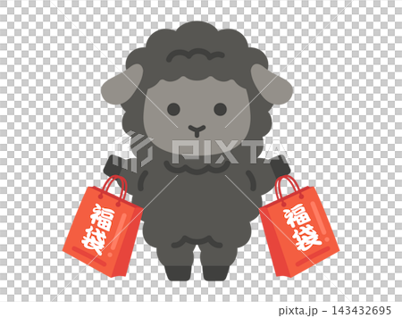 一幅描繪一隻黑羊角色雙手捧著福袋的插圖。 143432695