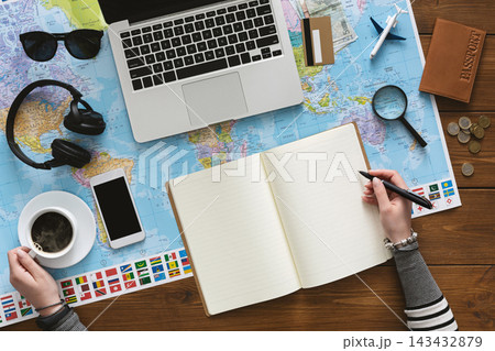 Woman drinking coffee and planning her trip in the office, copy space Woman drinking coffee and planning her trip in the office, copy space 143432879