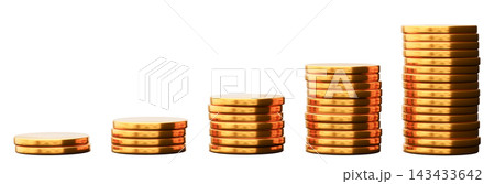 Golden coins are arranged in stacks on a clear background. The stacks increase in height, showing rising amounts. This setup displays the growth of 143433642