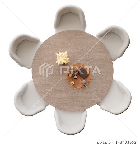 A round dining table surrounded by five chairs. A small centerpiece is placed on the table. The setting is isolated on a clear background for design A round dining table surrounded by five chairs. A small centerpiece is placed on the table. The setting is isolated on a clear background for design 143433652
