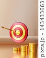 A 3D target with a golden arrow hits the center, surrounded by stacks of gold coins. The background is minimal, showcasing the finance theme in clear 143433663