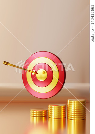 A 3D target with a golden arrow hits the center, surrounded by stacks of gold coins. The background is minimal, showcasing the finance theme in clear 143433663