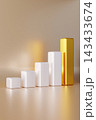 A collection of 3D rendered blocks in varying sizes shows a financial chart. The gold block stands out as the largest. The background is simple, 143433674