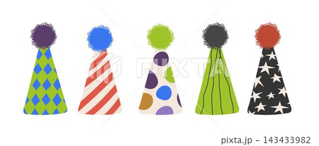 Colorful birthday party hats with pompom decorations isolated on white vector set 143433982