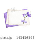 Purple envelope with deckle-edge paper, purple hepatica flowers, washi tape and paper clips. Hand-painted watercolor illustration for stationery, scrapbooking, invitations, cards and creative projects 143436395