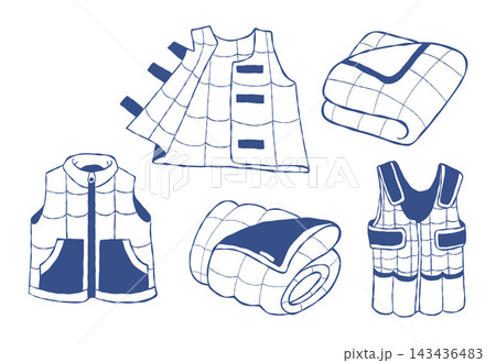 Weighted Blanket and Weighted Vest Sensory Set. Kids Padded Waistcoat. Rolled and Folded Heavy Quilt. Autism Therapy. ADHD Anxiety Relief Deep Pressure. Vector Illustration. Isolated Line Hand Drawn. 143436483