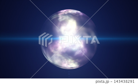 Mystical pink and purple energy sphere with glowing plasma clouds, radiant lens flare, and floating particles in a dark cosmic scene. 143438291