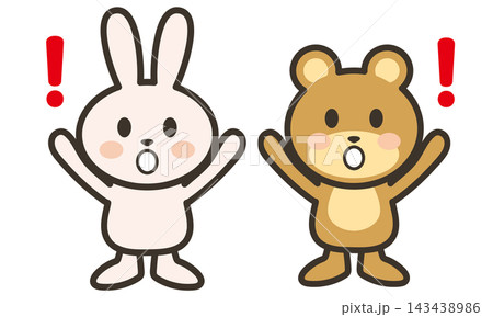 びっくりして驚くうさぎとクマのかわいい動物キャラクターイラスト びっくりして驚くうさぎとクマのかわいい動物キャラクターイラスト 143438986