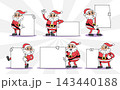 Santa claus retro 1930s style rubber hose cartoon characters set for Christmas design, featuring holding empty blank signs for promotional text. Vector illustration. 143440188