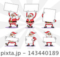 Santa claus retro 1930s style rubber hose cartoon characters set for Christmas design, featuring holding empty blank signs for promotional text. Vector illustration. 143440189