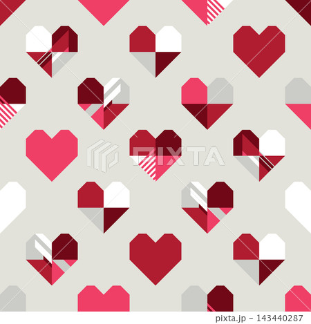 Abstract geometric hearts seamless pattern on light gray background modern retro style square template. Abstract geometric hearts seamless pattern on light gray background modern retro style square template. 143440287