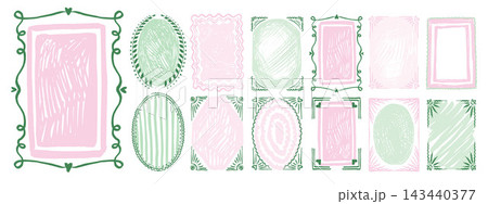 Frame doodle set: whimsical border and banner shapes with pink and green crayon scribble filling.  143440377