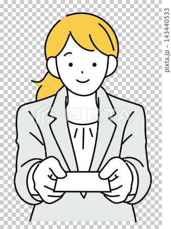 Illustration of a female office worker handing out her business card Illustration of a female office worker handing out her business card 143440533