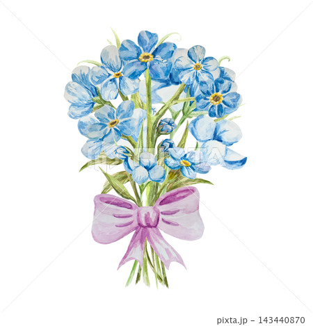 A bouquet of forget-me-nots, myosotis, scorpion grass, hand painted with watercolors and isolated on white background. Flower wreath. Suitable for postcards, invitations, wedding, prints, packaging 143440870