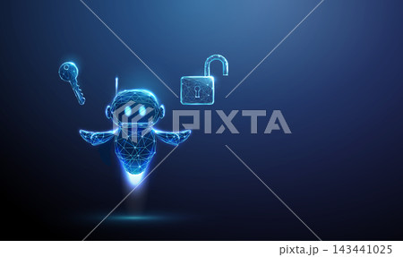3D blue robot with key and open lock in hands. Cybersecurity, data protection, access control, authentication, encryption, smart automation, digital security concept 3D blue robot with key and open lock in hands. Cybersecurity, data protection, access control, authentication, encryption, smart automation, digital security concept 143441025