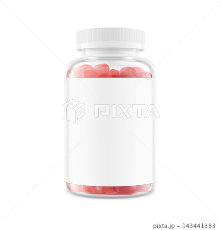 Transparent supplement pill bottle with pink pills mockup for pharmaceutical and supplement branding, design, presentation. 3D hight realistic vector illustration isolated on white background.  EPS10. 143441383
