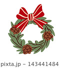 Christmas wreath made of evergreen fir branches, pine cones, and a big red striped bow isolated on white background. Illustration for winter holiday home decor. 143441484