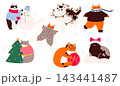 Cute christmas cats collection playing with winter activities. Playful kittens with christmas tree, snowman, garland, bauble, and skates for holiday sticker set. 143441487