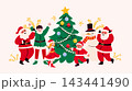 Happy Santa Claus, elves, kids, and snowman celebrating around a decorated Christmas tree with sparklers. Illustration for winter holiday party banner and New Year card. 143441490