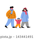 Happy family walking together in warm winter clothes isolated on white background. Illustration of parents holding hands with their child on a cold seasonal walk. 143441491