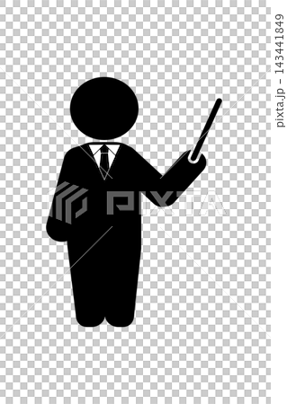 一個身穿西裝的商務人士正在解釋的象形圖。 一個身穿西裝的商務人士正在解釋的象形圖。 143441849
