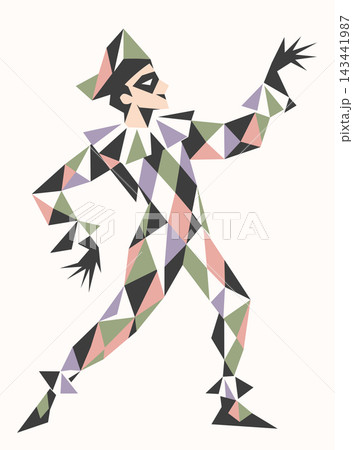 Geometric Harlequin character vector illustration. Flat avant-garde style theater jester from Commedia dell'arte. Cubism male character silhouette 143441987