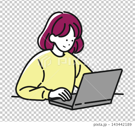 黄色いセーターを着てノートパソコンを操作する女性 143442189