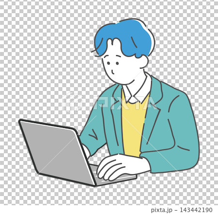 A man with blue hair and wearing a blue-green jacket is working on his computer. 143442190