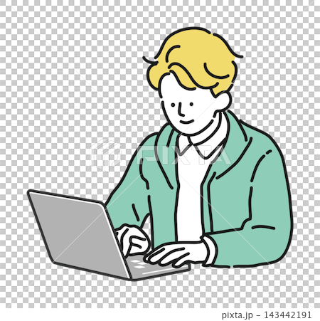 A blond man in a green jacket working on his computer. A blond man in a green jacket working on his computer. 143442191