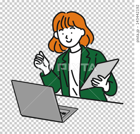 A woman holding documents and gesturing in front of a laptop. A woman holding documents and gesturing in front of a laptop. 143442192