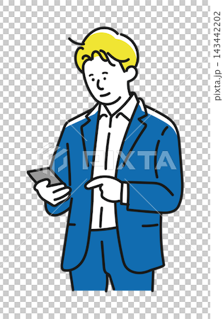 青いスーツを着てスマートフォンを操作する男性 青いスーツを着てスマートフォンを操作する男性 143442202