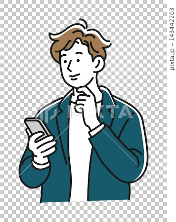 A man holding a smartphone with his hand on his chin. A man holding a smartphone with his hand on his chin. 143442203