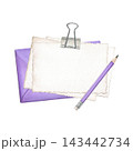 Purple envelope with deckle-edge paper, binder clip and pencil. Hand-painted watercolor illustration for stationery, scrapbooking, journaling, invitations, cards and creative projects 143442734