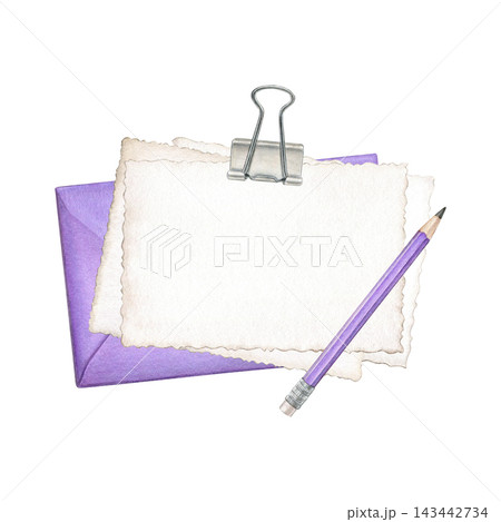 Purple envelope with deckle-edge paper, binder clip and pencil. Hand-painted watercolor illustration for stationery, scrapbooking, journaling, invitations, cards and creative projects 143442734