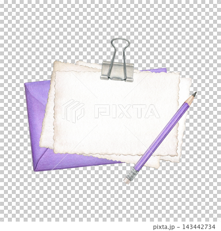 Purple envelope with deckle-edge paper, binder clip and pencil. Hand-painted watercolor illustration for stationery, scrapbooking, journaling, invitations, cards and creative projects 143442734