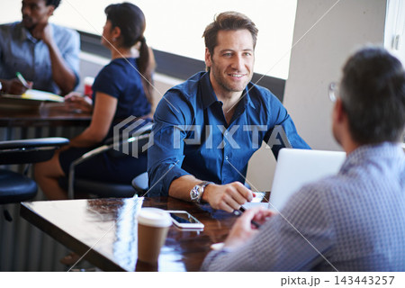 Job center, discussion and business people in office for career consulting, hiring and onboarding. Professional, meeting and men with laptop for online application, recruitment agency and employment 143443257