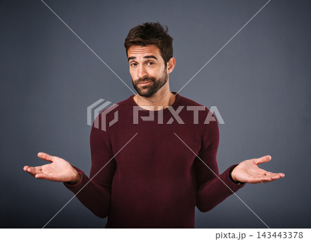 Confused, portrait and man in studio, question and space with hands, why and asking with gesture. Blue background, mockup and fashion for person with cardigan, shrug and offer for sale of clothes Confused, portrait and man in studio, question and space with hands, why and asking with gesture. Blue background, mockup and fashion for person with cardigan, shrug and offer for sale of clothes 143443378