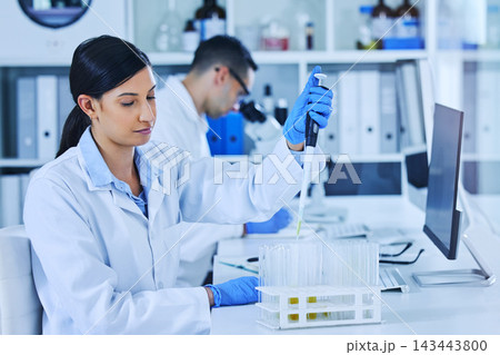 Woman, technician and medical research for covid 19, vaccine and pipette with sample in lab for pharmaceuticals. Female person, scientist and virus in healthcare for chemistry in forensic for testing Woman, technician and medical research for covid 19, vaccine and pipette with sample in lab for pharmaceuticals. Female person, scientist and virus in healthcare for chemistry in forensic for testing 143443800