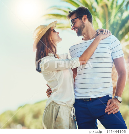 Couple, people and joy on hug in outdoor with sunglasses for summer holiday, relax and fun in Spain. Relationship, love and happy with support on vacation, trip and travel together as soulmate 143444106