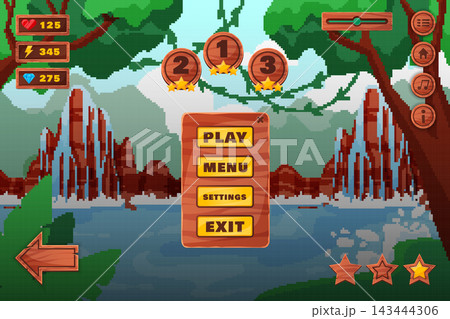 Pixel game jungle. 8 Bit forest landscape with waterfall. Jungle game interface. Arcade screen. UI panels. Buttons, level progression, energy icon, panel wooden. Vector garish background illustration Pixel game jungle. 8 Bit forest landscape with waterfall. Jungle game interface. Arcade screen. UI panels. Buttons, level progression, energy icon, panel wooden. Vector garish background illustration 143444306