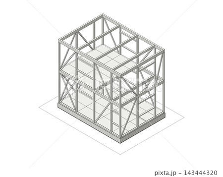 木造軸組工法の建て方 柱と梁と筋交いを組んだ二階建て住宅のアイソメ図 木造軸組工法の建て方 柱と梁と筋交いを組んだ二階建て住宅のアイソメ図 143444320