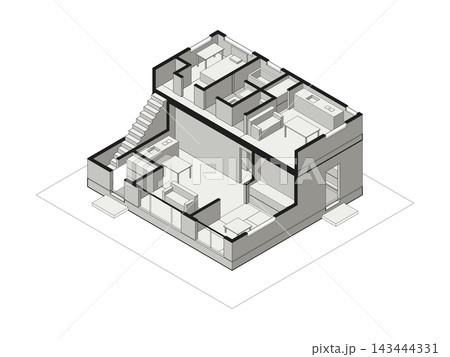 玄関を二つ設けて上下で分けた完全分離型の二世帯住宅の断面アイソメ図 143444331