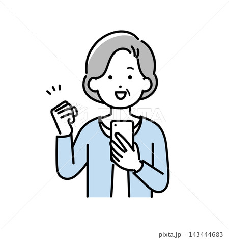 スマホを持ってガッツポーズをするシニア女性のイラスト スマホを持ってガッツポーズをするシニア女性のイラスト 143444683