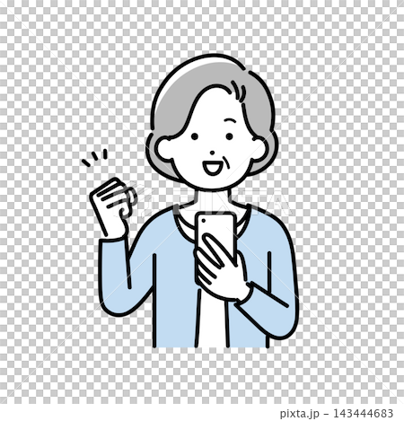 スマホを持ってガッツポーズをするシニア女性のイラスト スマホを持ってガッツポーズをするシニア女性のイラスト 143444683
