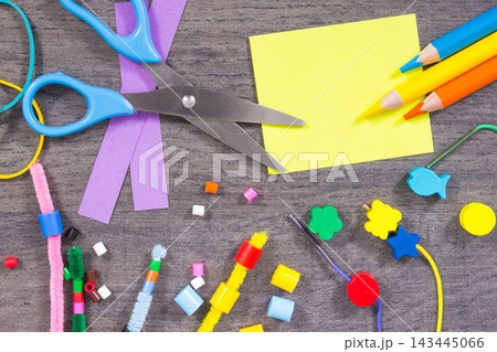Creative sticks with beads and stationery accessories for learning at school or preschool Creative sticks with beads and stationery accessories for learning at school or preschool 143445066