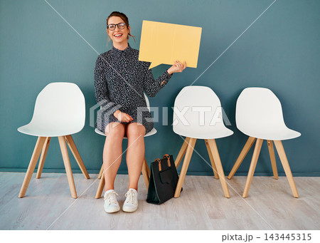 Speech bubble, portrait and business woman with opinion for forum, recruitment or hiring on social media in waiting room. Chat, sign or happy person with paper for conversation or faq on mockup space Speech bubble, portrait and business woman with opinion for forum, recruitment or hiring on social media in waiting room. Chat, sign or happy person with paper for conversation or faq on mockup space 143445315